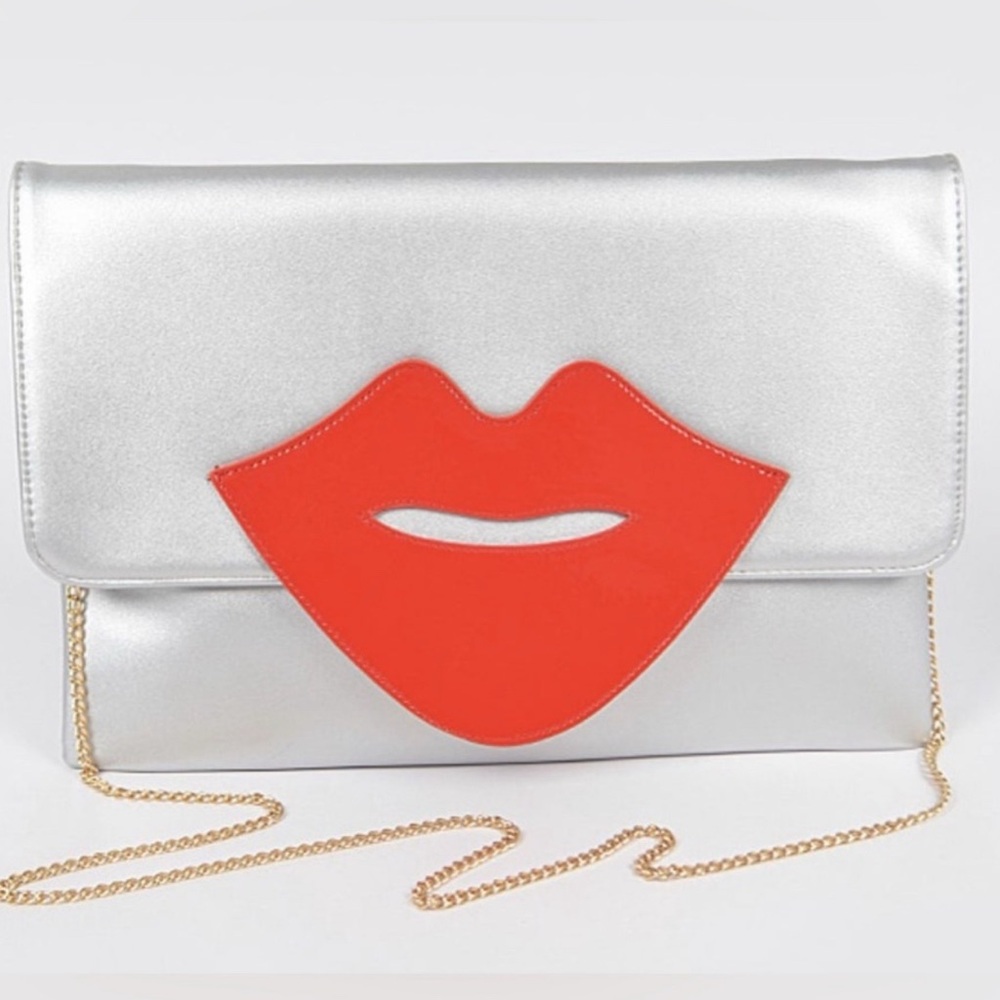 Silver and Red Lip Clutch Bag